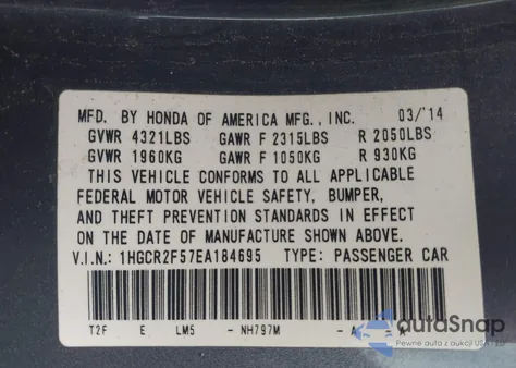 2014 Honda Accord Sport z USA, uszkodzony, nr VIN 1HGCR2F57EA184695